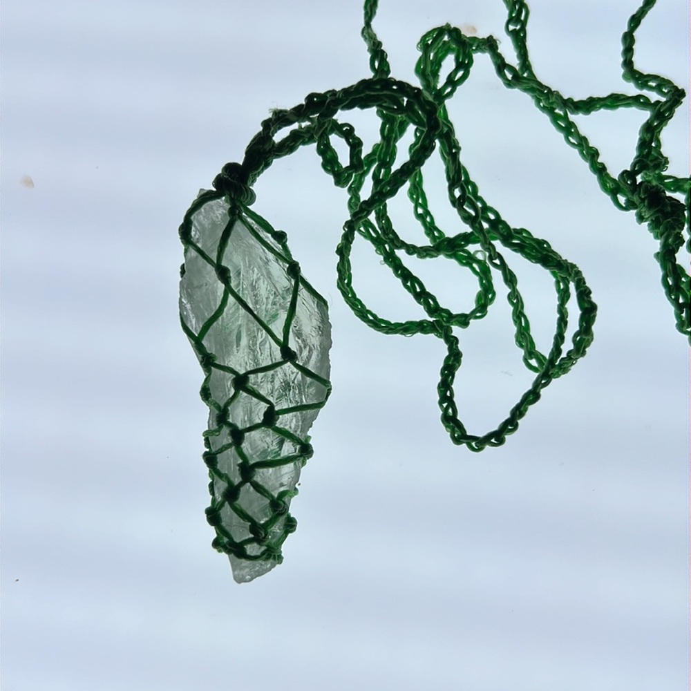 #5 Large Praisolite rough green quartz crystal w/ crotchet leather cord necklace